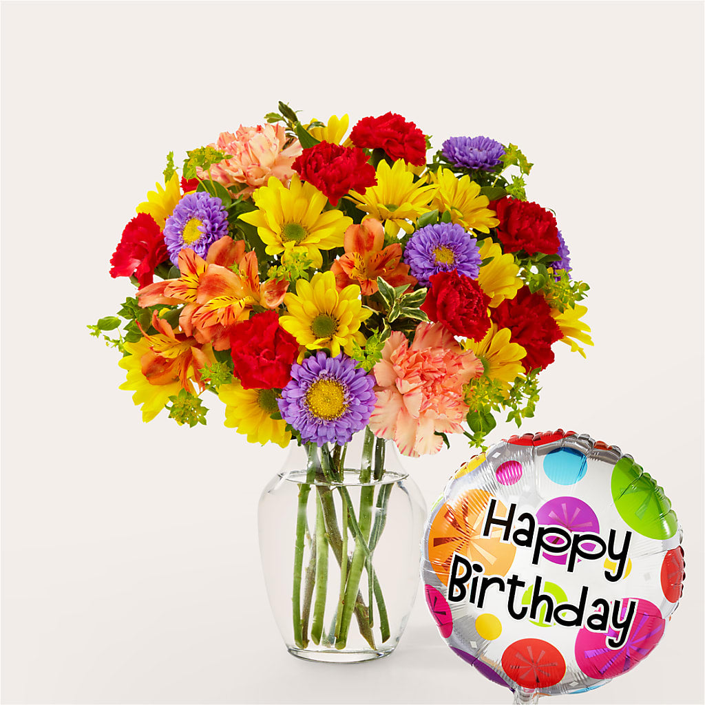 Kaleidoscope Bouquet with Birthday Balloon – Distinctive Designs Floral Llc, Vilonia AR