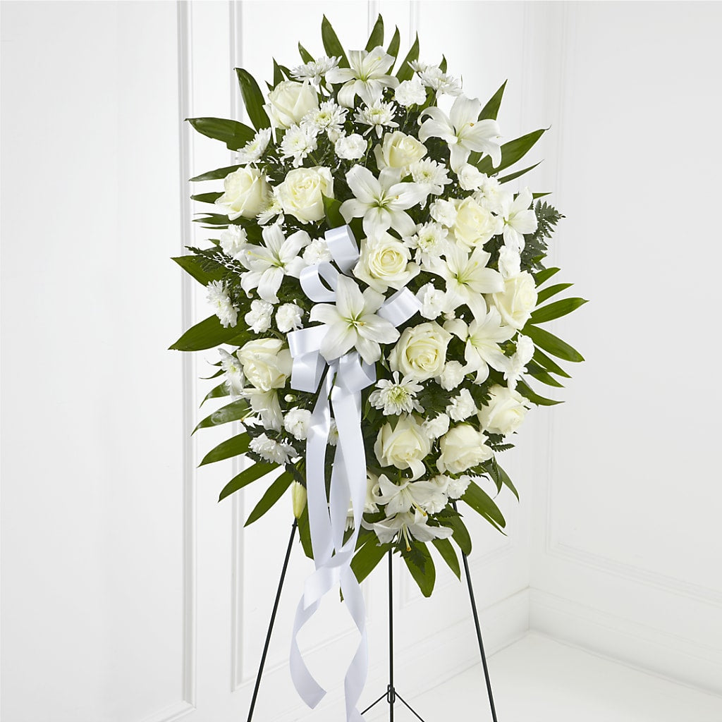 Exquisite Tribute Standing Spray-White Ribbon – Distinctive Designs Floral Llc, Vilonia AR